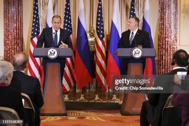 Russian Foreign Minister Sergey Lavrov and U.S. Secretary of State Mike Pompeo hold a joint news conference in the Franklin Room at the State...