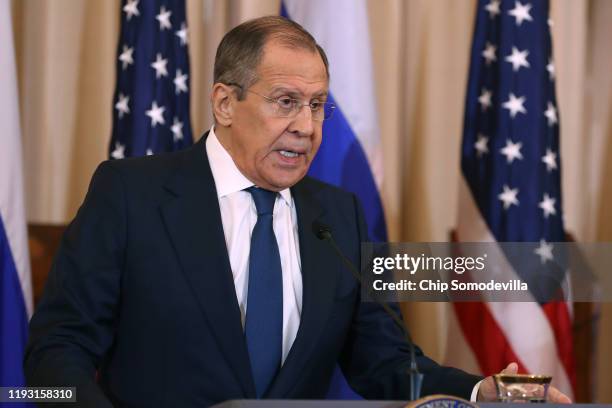 Russian Foreign Minister Sergey Lavrov speaks during a news conference with U.S. Secretary of State Mike Pompeo in the Franklin Room at the State...