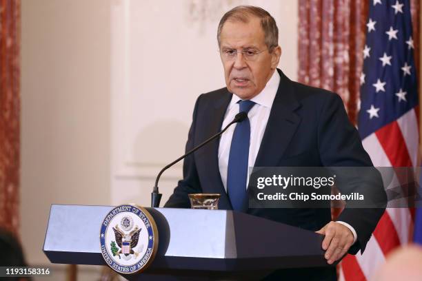 Russian Foreign Minister Sergey Lavrov speaks during a news conference with U.S. Secretary of State Mike Pompeo in the Franklin Room at the State...