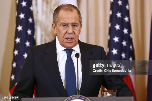 Russian Foreign Minister Sergey Lavrov speaks during a news conference with U.S. Secretary of State Mike Pompeo in the Franklin Room at the State...