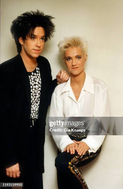 Portrait of the members of Swedish Pop group Roxette, Per Gessle and Marie Fredriksson , as they pose backstage during their Look Sharp Tour at the...