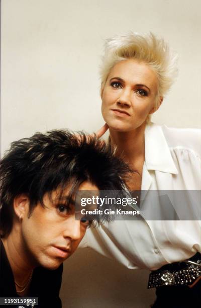 Portrait of the members of Swedish Pop group Roxette, Per Gessle and Marie Fredriksson , as they pose backstage during their Look Sharp Tour at the...