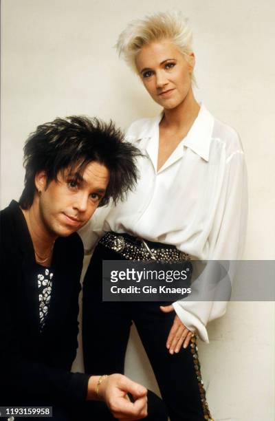 Portrait of the members of Swedish Pop group Roxette, Per Gessle and Marie Fredriksson , as they pose backstage during their Look Sharp Tour at the...
