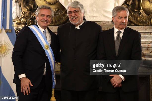 Former President of Paraguay Fernando Lugo pose along with President of Argentina Alberto Fernandez and Minister of Foreign Affairs Felipe Solá...