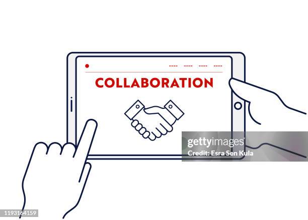 vector line illustration concept for collaboration. editable stroke and pixel perfect. - using tablet screen stock illustrations