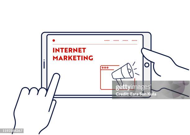 vector line illustration concept for internet marketing. editable stroke and pixel perfect. - hand using ipad stock illustrations