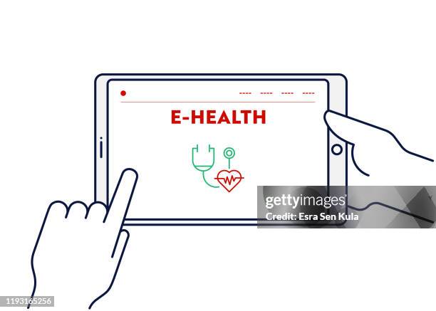 vector line illustration concept für e-health. bearbeitbare strich und pixel perfekt. - tablet benutzen stock-grafiken, -clipart, -cartoons und -symbole