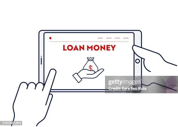 vector line illustration concept for loan money. editable stroke and pixel perfect. - couple travel tablet stock illustrations