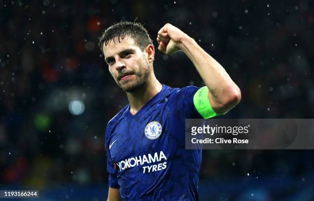 Cesar Azpilicueta of Chelsea celebrates after scoring his team's second goal during the UEFA Champions League group H match between Chelsea FC and...