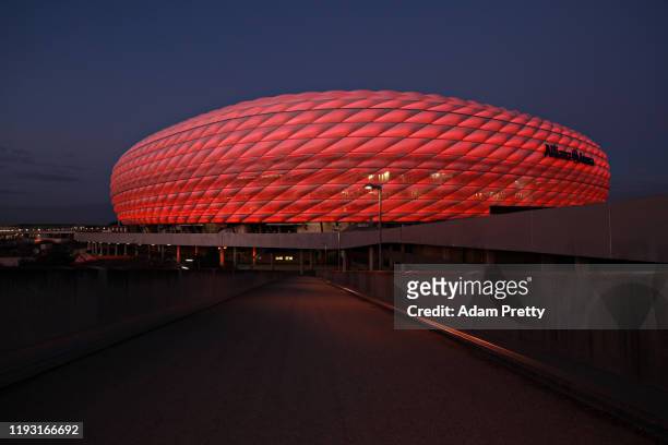 General view of the illuminated Allianz Arena on December 10, 2019 in Munich, Germany.