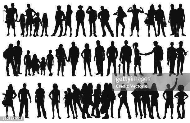 isolated silhouettes with large group of people - multi generations stock illustrations