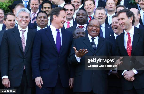 British Prime Minister David Cameron meets with South African President Jacob Zuma at the Union Buildings, on July 18, 2011 in Pretoria, South...