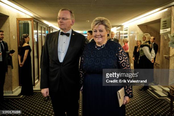 Sindre Finnes and Norwegian Prime Minister Erna Solberg arrive at the Nobel Peace prize banquet dinner honoring the Nobel Laureates at Grand Hotel on...