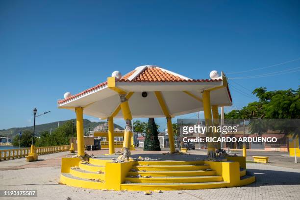 Concrete gazebo is seen damaged in Guanica, Puerto Rico on January 11 after a powerful earthquake hit the island. 9 magnitude earthquake rocked...