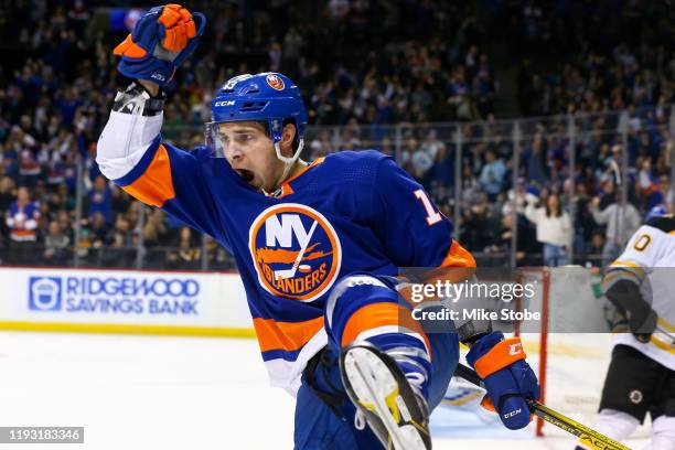 Mathew Barzal of the New York Islanders celebrates his third period goal against the Boston Bruins at Barclays Center on January 11, 2020 in New York...