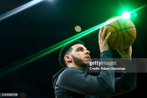 Lonzo Ball of the New Orleans Pelicans warm-up before a game against the Boston Celtics at TD Garden on January 11, 2019 in Boston, Massachusetts....