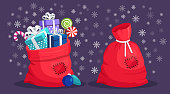 Santa Claus red bag with gift box isolated on background. Christmas sack full of presents package. Vector cartoon design