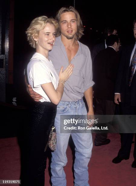 Actress Juliette Lewis and actor Brad Pitt attend "The Last of the Mohichans" Hollywood Premiere on September 24, 1992 at Mann's Chinese Theatre in...