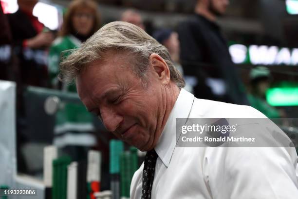 Interim coach Rick Bowness of the Dallas Stars before a game against the New Jersey Devils at American Airlines Center on December 10, 2019 in...