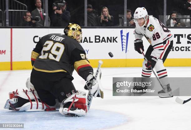 Marc-Andre Fleury of the Vegas Golden Knights blocks a shot by Patrick Kane of the Chicago Blackhawks in the third period of their game at T-Mobile...