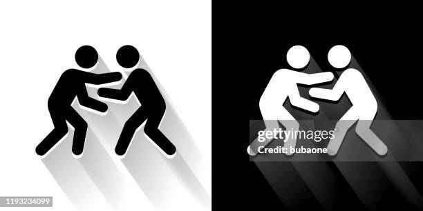 wrestling black and white icon with long shadow - wrestling stock illustrations