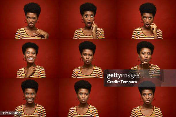 hermosa joven haciendo caras en una imagen múltiple tirodeada en la cabeza. - cara feliz fotografías e imágenes de stock