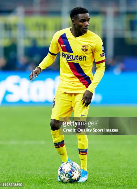 Moussa Wague of Barcelona in action during the UEFA Champions League group F match between Inter and FC Barcelona at Giuseppe Meazza Stadium on...