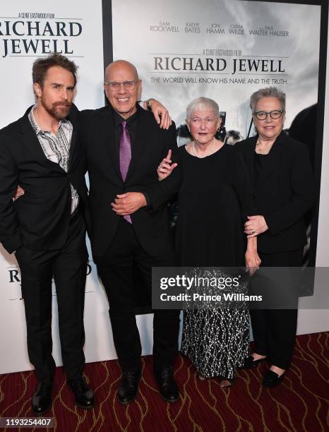 Sam Rockwell, G. Watson Bryant Jr., Barbara "Bobi" Jewell, and Kathy Bates attend the "Richard Jewell" Atlanta Screening at Rialto Center of the Arts...