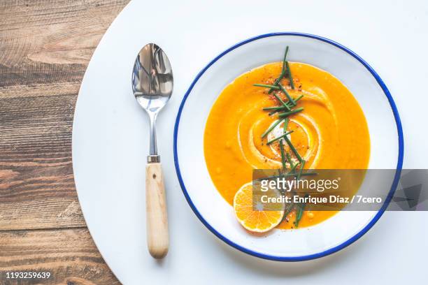 vibrant orange pumpkin soup 4 - soup stock pictures, royalty-free photos & images