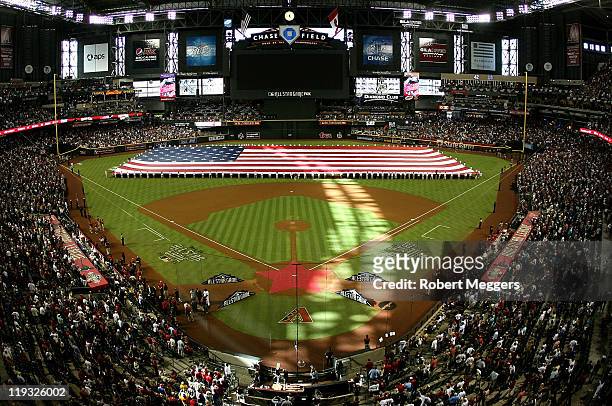 General view of the National League and American League All-Stars during the national anthem before the start of the 82nd MLB All-Star Game at Chase...