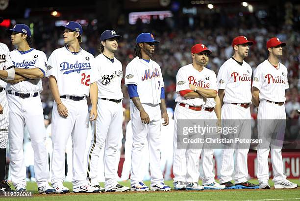 Players from the National League lineup before the start of the 82nd MLB All-Star Game at Chase Field on July 12, 2011 in Phoenix, Arizona.