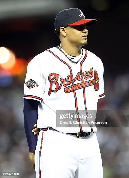 National League All-Star Jair Jurrjens of the Atlanta Braves looks on before the start of the 82nd MLB All-Star Game at Chase Field on July 12, 2011...