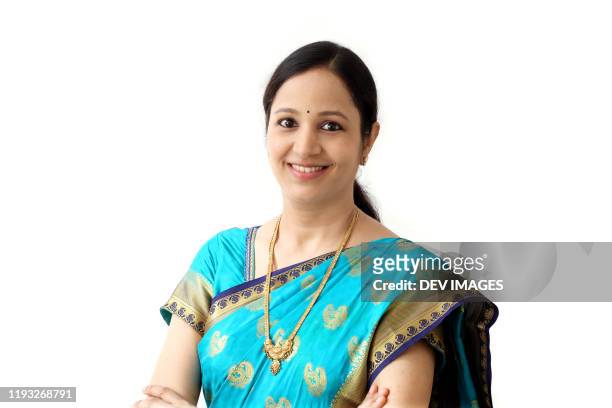 portrait of cheerful traditional indian woman - sari isolated stock pictures, royalty-free photos & images