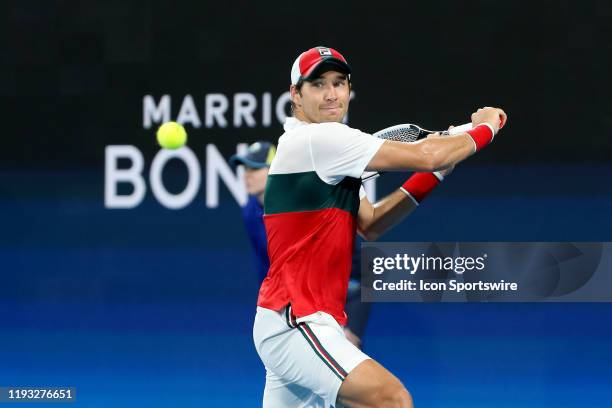 Dusan Lajovic of Serbia plays a backhand during day ten of the singles finals at the 2020 ATP Cup Tennis at Ken Rosewall Arena on January 12, 2020 in...