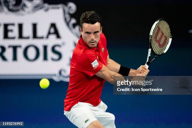 Roberto Bautista Agut of Spain plays a backhand during day ten of the singles finals at the 2020 ATP Cup Tennis at Ken Rosewall Arena on January 12,...