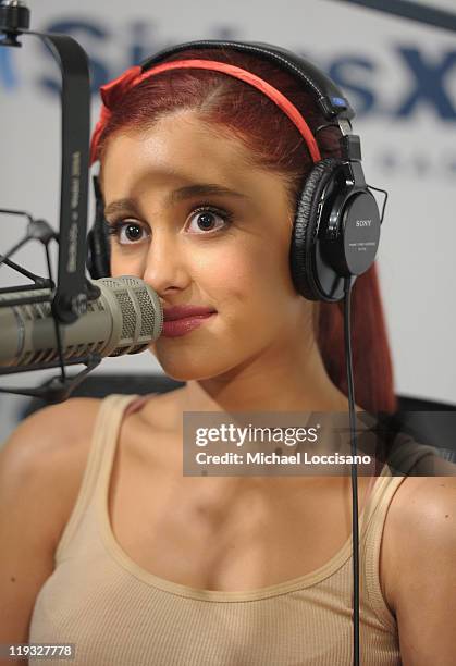 Actress Ariana Grande visits Broadway Names With Julie James on on SiriusXM's On Broadway channel at SiriusXM Studio on July 18, 2011 in New York...