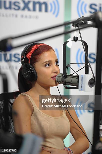 Actress Ariana Grande visits Broadway Names With Julie James on on SiriusXM's On Broadway channel at SiriusXM Studio on July 18, 2011 in New York...