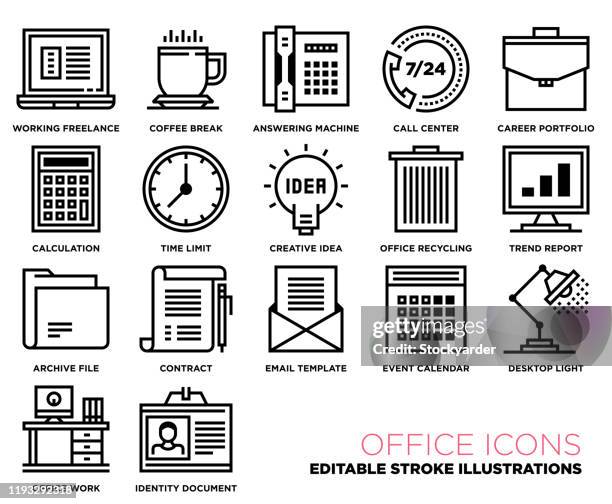 stockillustraties, clipart, cartoons en iconen met office-lijn pictogram instellen & bewerkbare lijn - answering machine