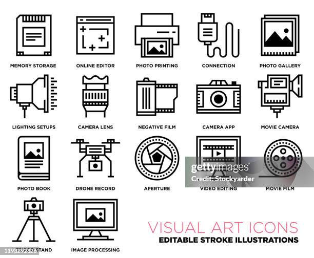 視覺藝術線條圖示集 + 可編輯描邊 - camera stand 幅插畫檔、美工圖案、卡通及圖標