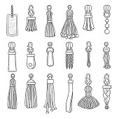 Leather accessories. Handbag fringes trinket vector fashioned items collection