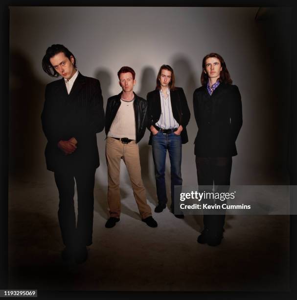 Group portrait of British band Suede; UK, October 1992; they are singer Brett Anderson, drummer Simon Gilbert, bassist Mat Osman and guitarist...