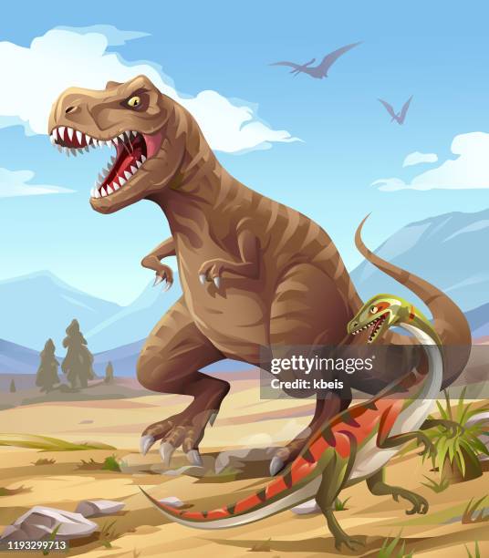 illustrazioni stock, clip art, cartoni animati e icone di tendenza di caccia al tyrannosaurus rex - cretaceous