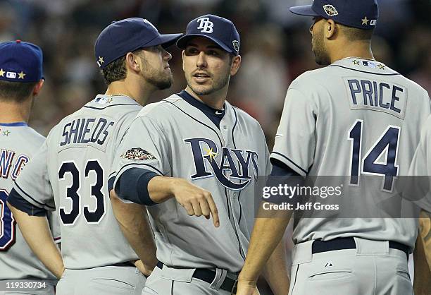 American League All-Star James Shields of the Tampa Bay Rays stands with teammates American League All-Star Matt Joyce of the Tampa Bay Rays and...