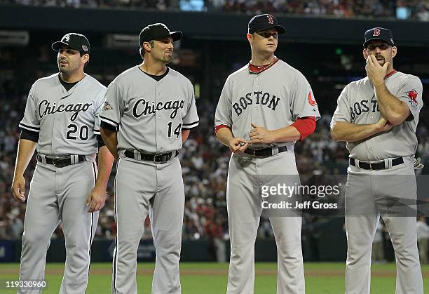 American League All-Star Carlos Quentin of the Chicago White Sox stands with American League All-Star Paul Konerko of the Chicago White Sox, American...