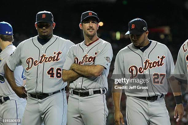 American League All-Star Jose Valverde of the Detroit Tigers stands with American League All-Star Justin Verlander of the Detroit Tigers and American...