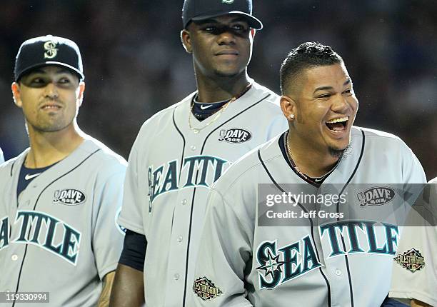 American League All-Star Felix Hernandez of the Seattle Mariners, American League All-Star Michael Pineda of the Seattle Mariners and American League...