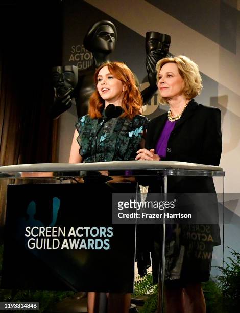 Elizabeth McLaughlin and JoBeth Williams speak at the 26th Annual Screen Actors Guild Awards Nominations Announcement at Pacific Design Center on...