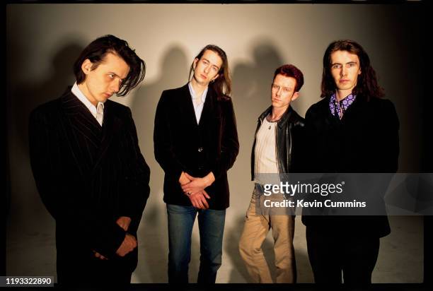 Group portrait of British band Suede, October 1992; are singer Brett Anderson, drummer Simon Gilbert, bassist Mat Osman and guitarist Bernard Butler.