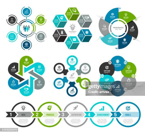 ilustraciones, imágenes clip art, dibujos animados e iconos de stock de conjunto de elementos infográficos circulares - número 6