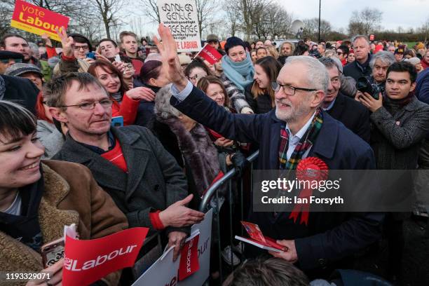 Labour leader Jeremy Corbyn greets supporters after delivering a stump speech at the Sporting Lodge Inn on December 11, 2019 in Middlesbrough,...